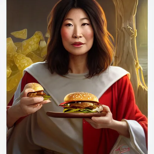 Prompt: portrait of Connie Chung eating hamburgers, extra onions and ketchup, luscious patty with sesame seeds, feminine ethereal, handsome, D&D, fantasy, intricate, elegant, highly detailed, digital painting, artstation, concept art, matte, sharp focus, illustration, art by Artgerm and Greg Rutkowski and Alphonse Mucha