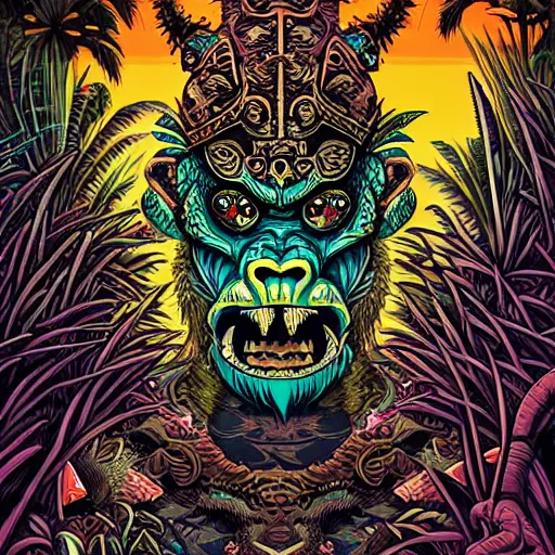 Image similar to barong family member at pool party, wiwek, mara demon, one single tribe member, jungle, one single mask, dark, ancient warrior, gorilla, lizard, tribal, inner glow, art by dan mumford and justin gerard