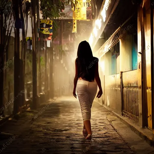 Image similar to Extremely beautiful Naturalist woman walks down the streets of Mumbai, vivid, detailed, cinematic lighting, volumetric lighting, detailed render