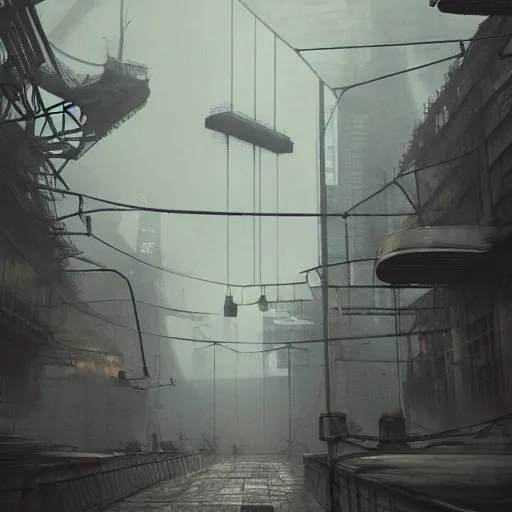 Image similar to raining dark smog wide angle shot machinery dieselpunk dystopia corrogated steel overhead walkway trending on artstation megalomaniac city