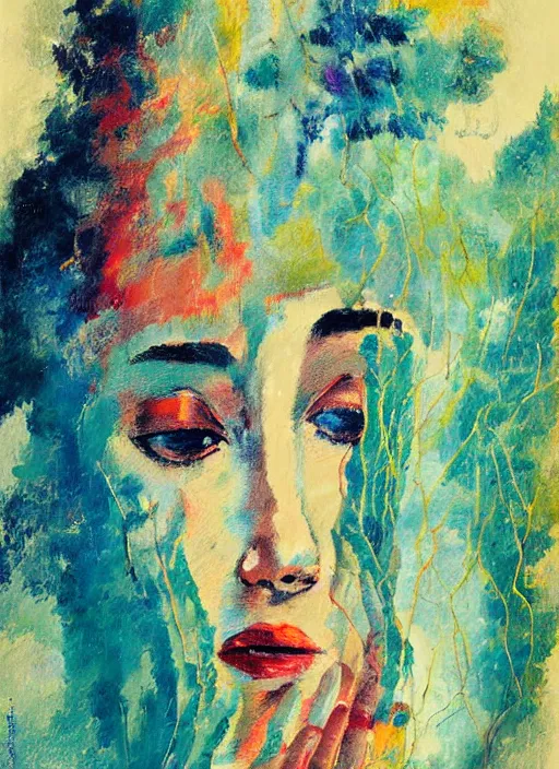 Prompt: an extreme close-up abstract portrait of a lady enshrouded in an impressionist representation of Mother Nature’s trees and the meaning of life by Igor Scherbakov, abstract, thick visible brush strokes, figure painting by Anthony Cudahy and Rae Klein, minimalist vintage cover illustration by Mitchell Hooks