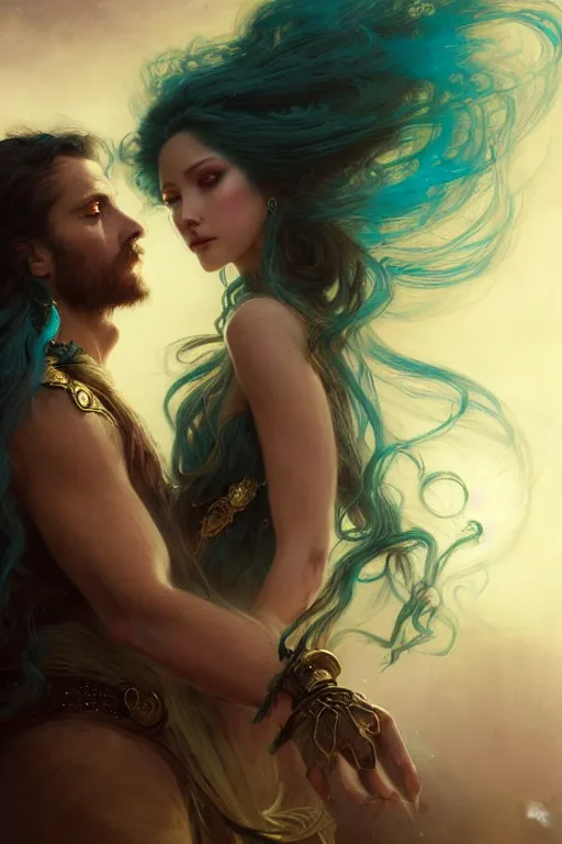 Prompt: portrait of a beautiful long turquoise hair woman and handsome man looking to each other, high detail, partially in shadow, dark fantasy, sci - fi vibe, face, by gaston bussiere, bayard wu, greg rutkowski, auguste bourotte, bastien deharme, masterpiece, sharp focus, cinematic lightning