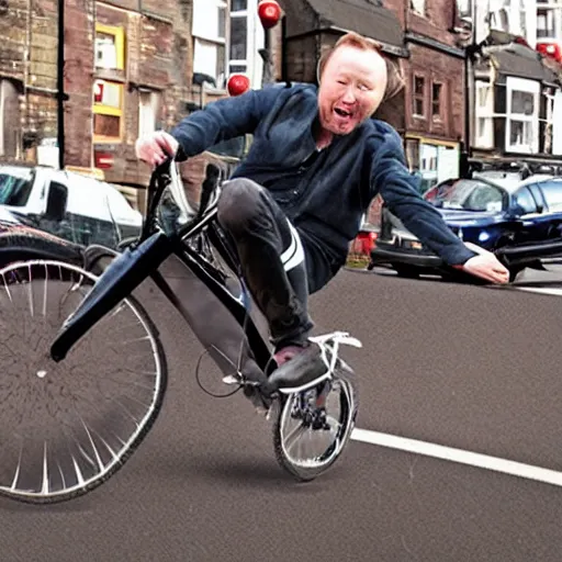 Image similar to Limmy in a bike crash falling of his bike, blood, Glasgow, photorealistic
