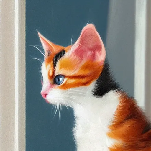 Image similar to cute calico kitten looking out of the window on a [ [ [ [ beautiful ] ] ] ] summer day, storybook art, detailed, cute, profile shot, featured on artstationg, gorgeous!!!