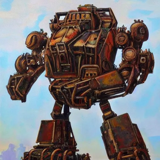 Image similar to oil painting of a huge rusting mech, that resembles a gorilla, highly detailed, complex, intricate