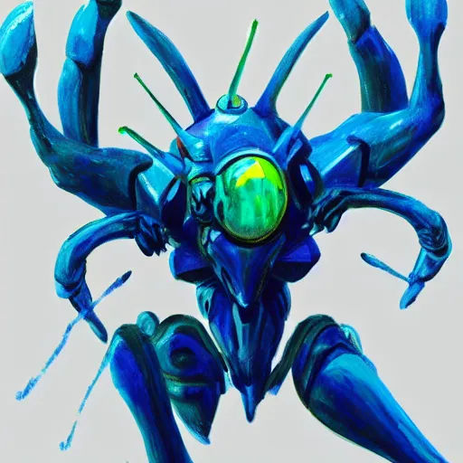 Prompt: rough painting of a blue insectile monster in acrylic paint, broad brush strokes, phantasy star online, white background, pencil sketch lines