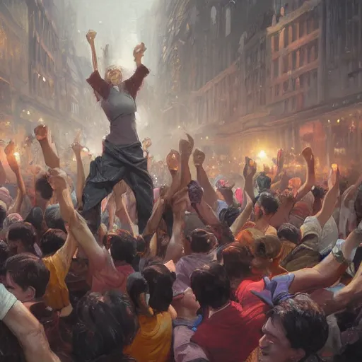 Prompt: a group of people, with their bags turned towards the camera. cheering, holding their hands up high. low light, contrasting background. digital art, by stanley artgerm lau, greg rutkowski, thomas kindkade.