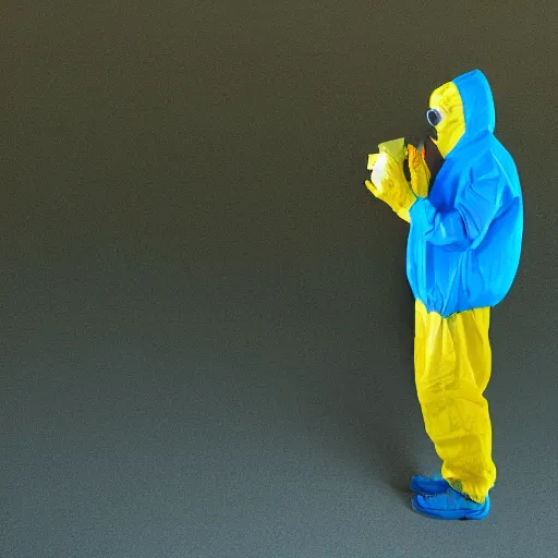 Prompt: a man wearing a hazmat suit studying a blue apple, film still, 8k, enhanced