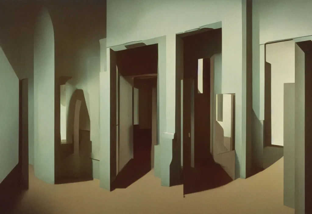 Prompt: still from a surreal 7 0 s film about parallel realities by edward hopper, chirico and tim walker : : empty surreal space, masterful lighting design, doorways and mirrors : : complex surrealist objects, combines and props : : cinestill 8 0 0 tungsten 3 5 mm, high quality, triadic color scheme, distorted lens, 8 k