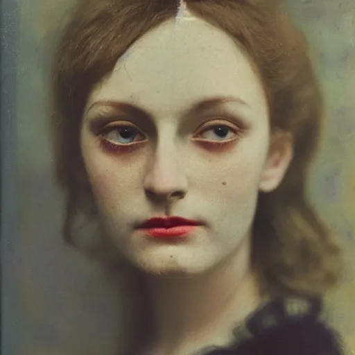 Image similar to portrait of a beautiful lady with silver eyes, vintage coloured photography by balthus