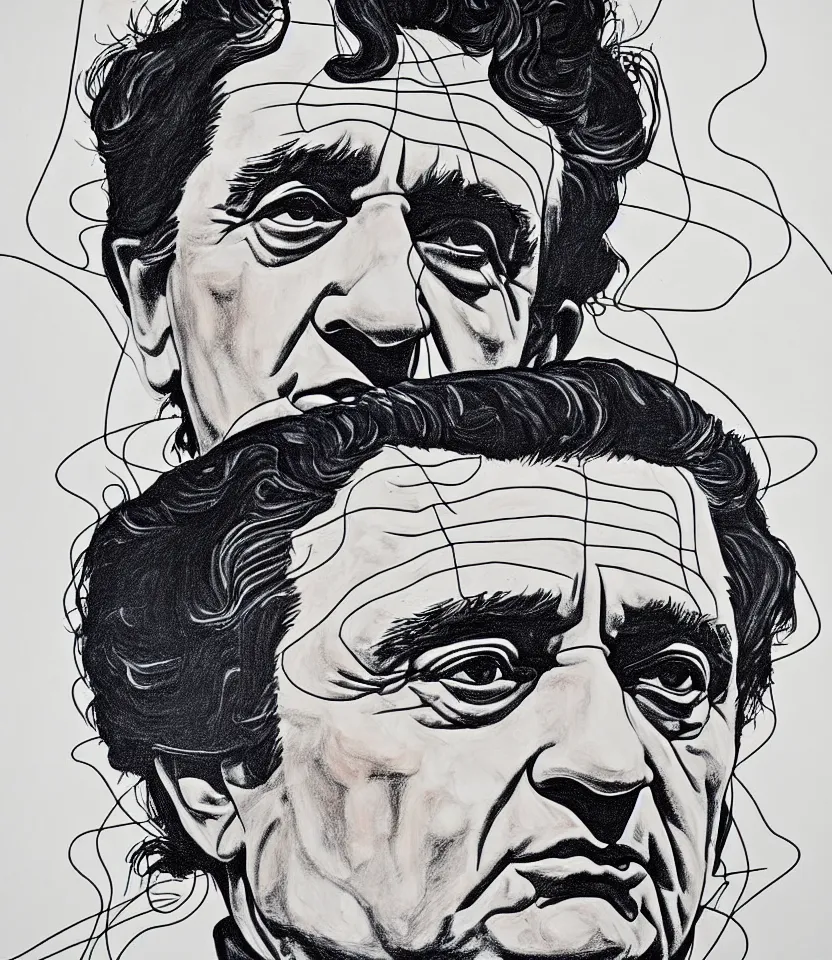 Image similar to detailed line art portrait of johnny cash, inspired by egon schiele. contour lines, musicality, twirls, curls, curves, confident personality