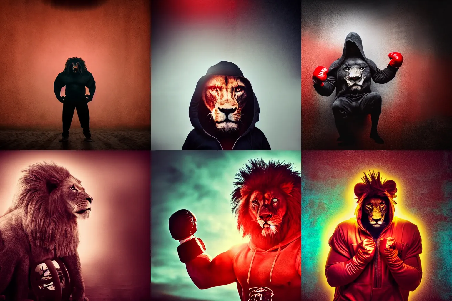 Prompt: high detail cinematic photograph portrait , epic pose mutant powerlifter muscular oversized lion with big eyes wearing dirty futuristic hoodie red boxing gloves, very dramatic dark studio strong backlight , depressing , shadows , foggy mist ,cyan dramatic couds , sunset
