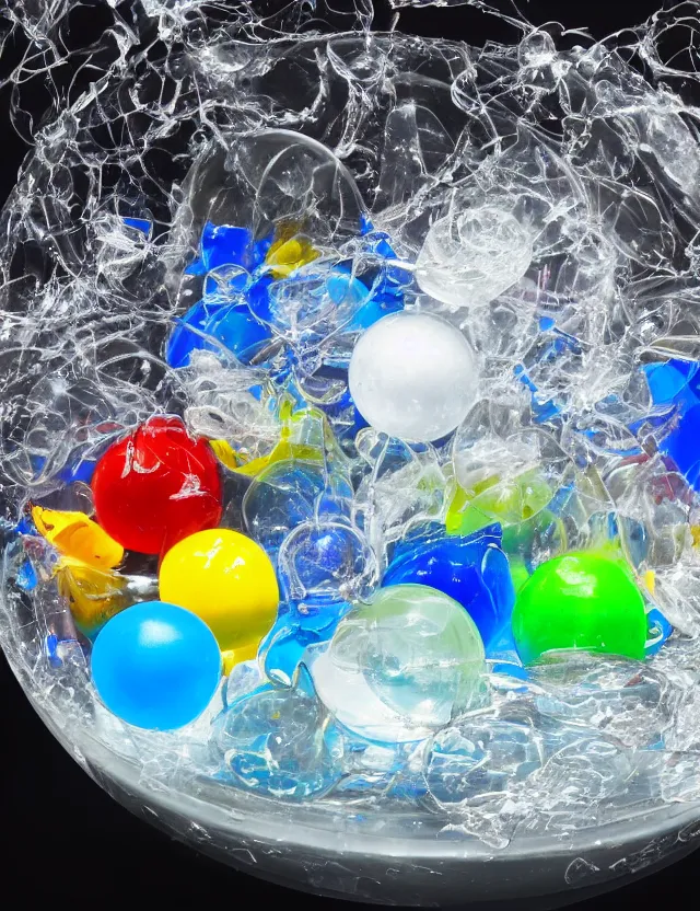 Prompt: a well - lit studio photograph of a clear bowl of water with various plastic toys floating in it, some smooth, some wrinkled, some long, some spherical, various sizes, textures, and transparencies, beautiful, smooth, detailed, inticate
