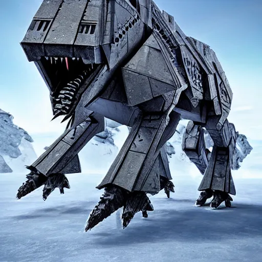 Image similar to a fusion between the tarrasque and an AT-AT, flat grey color, completely metal, walking across ice planet, hyper-realistic CG