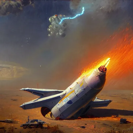 Image similar to a russian spaceship stuck in the ground, the spaceship is on fire, smoke, rainstorm, lightning, angry, kinetic, john sargent, adolphe bouguereaum, norman rockwell, style by peter deligdisch, trending on artstation, highly detailed oil painting,