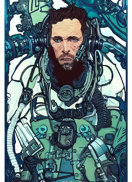 Image similar to cyberpunk deep sea diver. portrait by ashley wood and alphonse mucha and laurie greasley and josan gonzalez and james gurney. splinter cell, apex legends, rb 6 s, hl 2, d & d, cyberpunk 2 0 7 7. realistic face. character clothing. vivid color. dystopian setting.