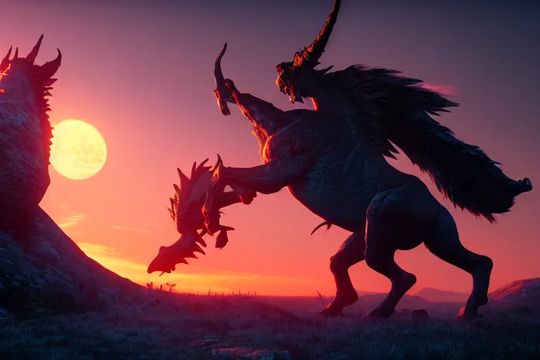 Image similar to scaled mythical creatures threatens the humankind. kaizu, highlight scene of movie, box office hit, sunset horizon, high quality, highly detailed 8 k, unreal engine 5, artstation