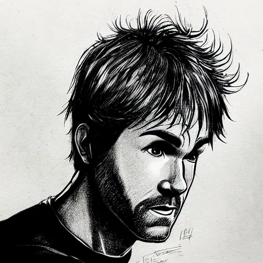 Prompt: Ryan Reynolds disguised as Shaggy from Scooby Doo, concept art, sharp focus, illustration in pen an ink