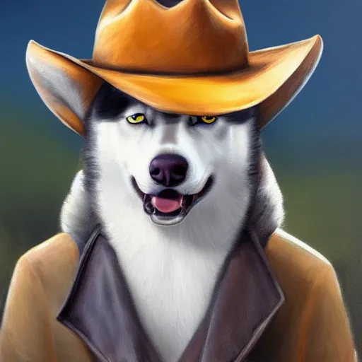 Image similar to a portrait painting of a husky in cowboy costume, wearing a cowboy hat, in the style of anime, trending on artstation