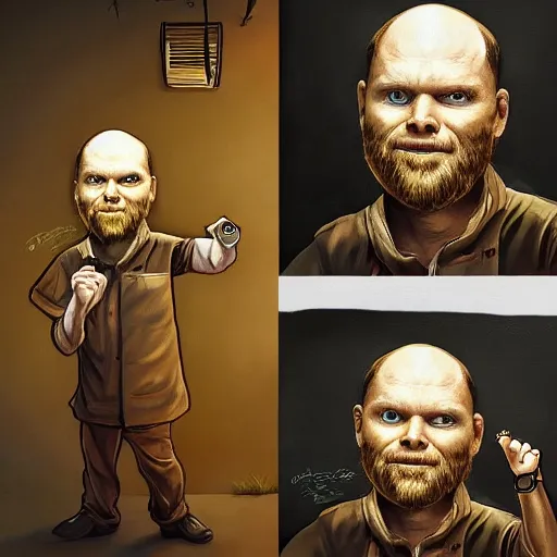 Prompt: an insanely detailed painting of bill burr wearing a chef costume waiting on tables, in the style of peter mohrbacher, dramatic lighting and composition, trending on artstation, concept art, comic book