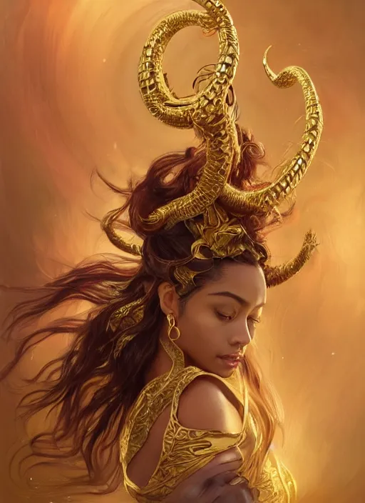 Prompt: fullbody!! dynamic movement pose, beautiful ethnic woman with flowing hair, big natural horns on her head, gold jewellery, dnd, face, fantasy, intricate, elegant, highly detailed, digital painting, artstation, concept art, smooth, sharp focus, illustration, art by artgerm and greg rutkowski and alphonse mucha