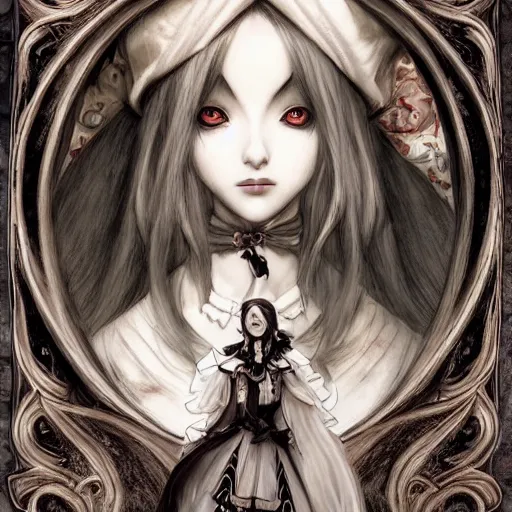 Image similar to portrait of alice, alice madness returns, baroque style, elegant, beautiful, mesmerizing, concept art, fancy clothing, highly detailed, artstation, behance, deviantart, inspired by innocent manga, inspired by castlevania concept art, trending, ayami kojima, shinichi sakamoto