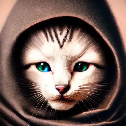 Image similar to a portrait of a kitten wearing a black hood, cloak covering face, anatomically correct, beautiful perfect face, enigmatic, oil painting, matte, black background, Volumetric dynamic lighting, Highly Detailed, Cinematic Lighting, Unreal Engine, 8k, HD, by Beksinski