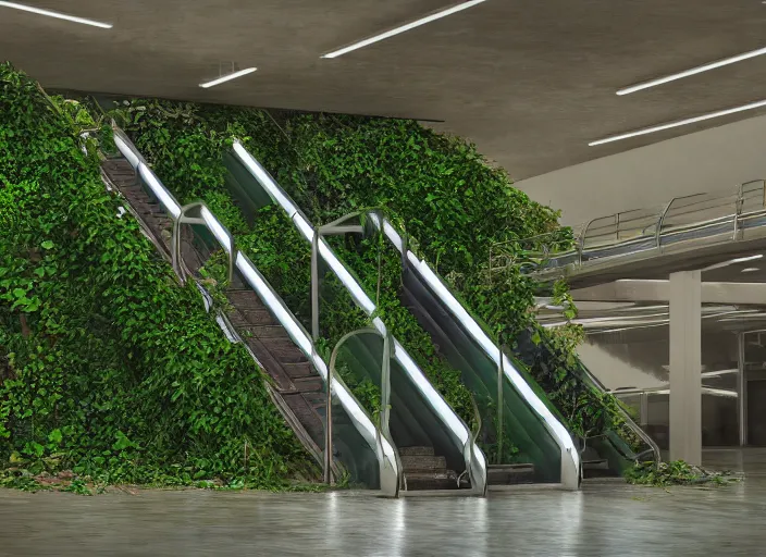 Image similar to an escalator in an abandoned mall in the 1 9 8 0 s, taken over by nature, covered in vines, nature style, hyperrealistic and beautiful painting, 8 k resolution, by hugh ferris and john smith, polished, fine detail, intricate, smooth, octane, concept art, trending on artstation