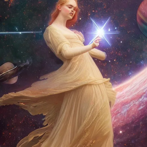 Image similar to a striking hyper real illustration of Elle Fanning in space by Edwin Blashfield, zoom out,