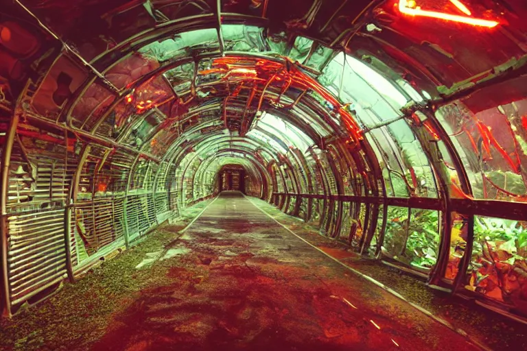 Image similar to Film still of a brightly lit bridge on a space ship, metal, floor grills, ventilation shafts, dusty, orange and red lighting, burning fire, water dripping, puddles, wet floor, rust, decay, green vines, overgrown, tropical, Cinestill colour cinematography, anamorphic