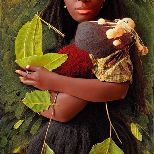 Prompt: dark skinned woman holds a living doll made out of leaves and wool, art by howard david johnson