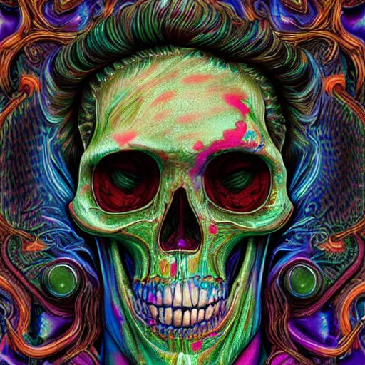 Prompt: An extremely psychedelic portrait of a skull, surreal, LSD, face, detailed, intricate, elegant, lithe, highly detailed, digital painting, artstation, concept art, smooth, sharp focus, illustration