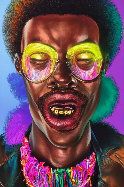 Prompt: detailed portrait of an African male with face augmentations, strong neon lighting, Afrofuturism, extravagant feathered collar, by glenn fabry, hyper realistic, HD, oil on canvas