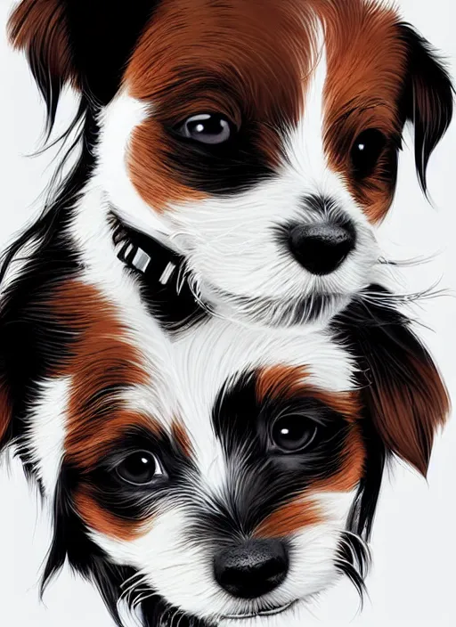 Prompt: a very cute long haired jack russell terrier puppy. he is white with brown spots and brown patches over both eyes. clean cel shaded vector art. shutterstock. behance hd by lois van baarle, artgerm, helen huang, by makoto shinkai and ilya kuvshinov, rossdraws, illustration, art by ilya kuvshinov