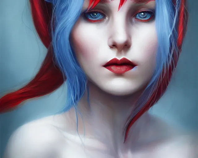 Image similar to A detailed matte oil on canvas head on symmetrical portrait of a distinguished elven woman with red and blue hair on an empty background, by Charlie bowater, Lise Deharme, Wlop, trending on artstationhd, dungeons and dragons art, parted hair , half blue, half red , split dye, critical role