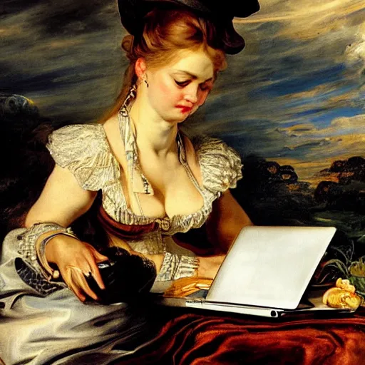 Prompt: heavenly summer sharp land sphere scallop well dressed lady working on her laptop, auslese, by peter paul rubens and eugene delacroix and karol bak, hyperrealism, digital illustration, fauvist