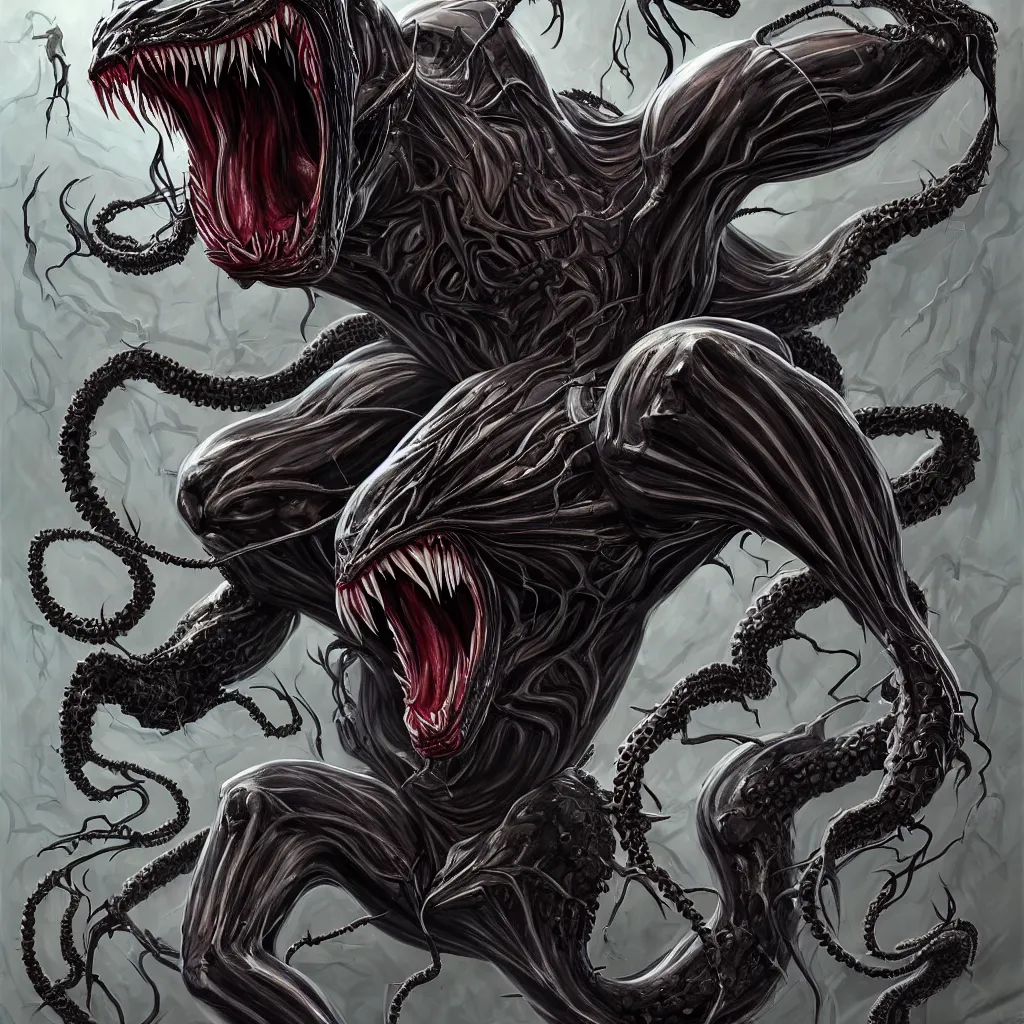 Image similar to anatomically acurate full body long shot venom from marvel comics!!!!, large mouth with teeth, lovecraftian horror!, surrealism, fantasy, intricate, elegant, highly detailed, digital painting, artstation, concept art, matte, sharp focus, illustration, art by keith thompson and christopher lane