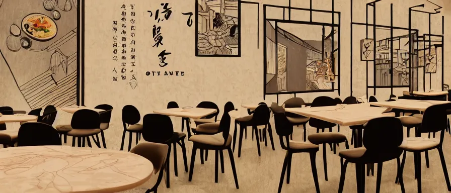 Image similar to a beautiful interior view illustration of a small roasted string hotpot restaurant in yan'an city, restaurant wall paper is a tower on a mountain, rectangle white porcelain table, black chair, animation illustrative style, from china, simple style structure decoration design, victo ngai, james jean, 4 k hd