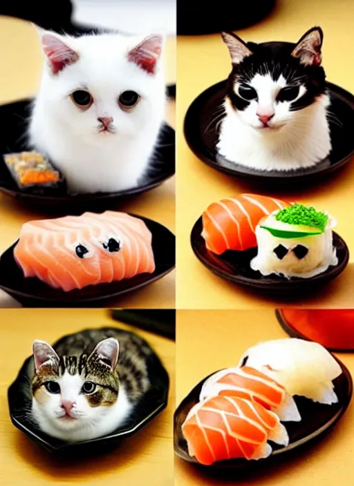 Image similar to clear photorealistic picture of adorable cats made out of sushi