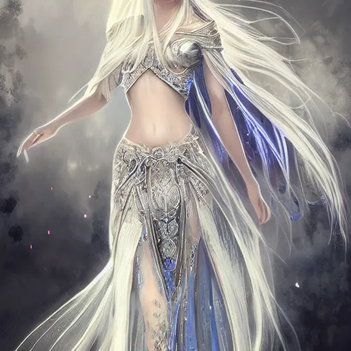 Image similar to an elven woman with long, silver hair cascading down her back. she has delicate, angular features and piercing blue eyes. she's clad in a flowing white dress with intricate silver embroidery, dynamic lighting, photorealistic fantasy concept art, trending on art station, stunning visuals, creative cinematic, ultra detailed