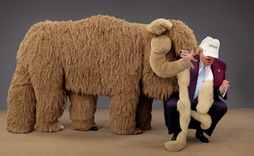 Image similar to Donald Trump in a baby mammoth costume , with an open face