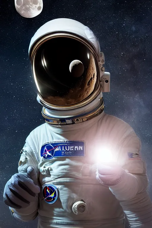 Image similar to extremely detailed portrait of space astronaut, wearing gloves, holds iphone, iphone visible, iphone in hand, reflection of the moon in visor, alien looking over shoulder from behind, extreme close shot, dramatic backlight, award winning photo by jimmy nelson