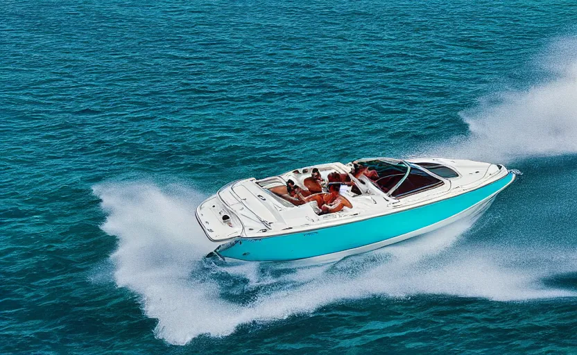 Prompt: photorealistic picture of a sport boat turquoise water. miami. 8 0's style