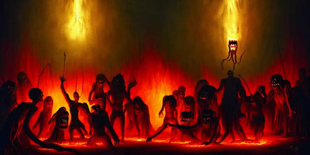 Image similar to repressed emotion creatures and monsters at the mouth of hell, dramatic lighting glow from giant fire, attempting to escape and start a revolution, in a dark surreal painting by ronny khalil