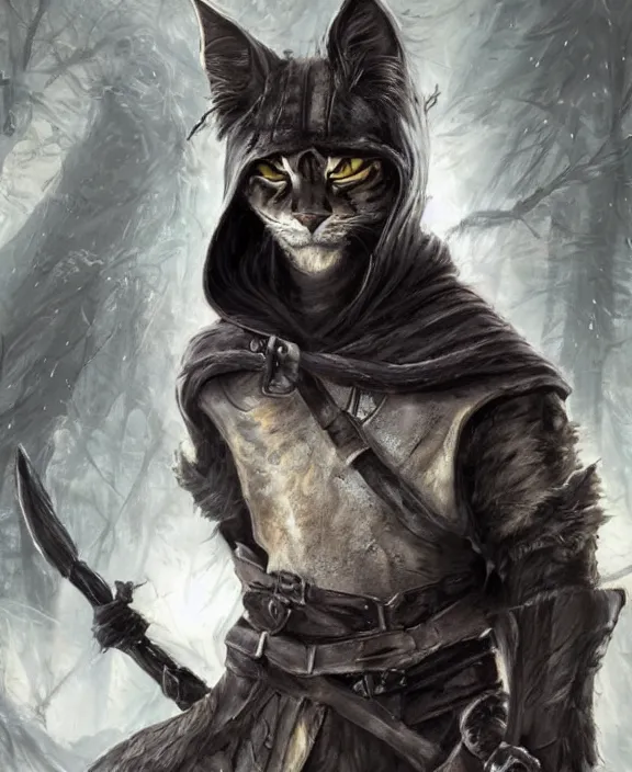 Image similar to humanoid male khajiit rogue with a scar on left eye, wearing leather armor with a hood, mainecoon cat features with black fur, far - mid shot, magic the gathering, fantasy