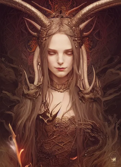 Image similar to a beautiful illustration of a satanic witch with horns in head holding a dragon, intricate, sharp focus, illustration, highly detailed, digital painting, concept art, matte, art by wlop and artgerm and greg rutkowski and alphonse mucha, masterpiece