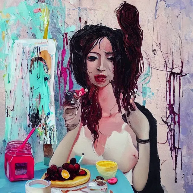 Image similar to “ sensual, a portrait in a female art student ’ s apartment, pancakes, woman drinking an iced latte from a painting, berries, art supplies, a candle dripping white wax, berry juice drips, neo - expressionism, surrealism, acrylic and spray paint and oilstick on canvas ”
