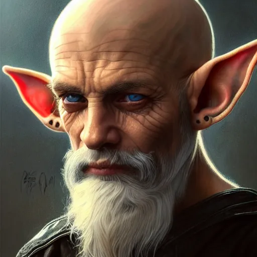 Prompt: portrait painting of older elf biker man badass, perfect face, ultra realistic, concept art, intricate details, eerie, highly detailed, photorealistic, octane render, 8 k, unreal engine. art by artgerm and greg rutkowski and magali villeneuve and alphonse mucha