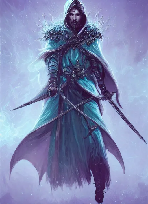 Image similar to hexblade warlock aasimar, teal electricity, male, silver shaggy hair, short scruffy beard, cloak, white eyes, fantasy, extremely detailed, digital painting, artstation, concept art, smooth, sharp focus, illustration, stunning lighting, art by artgerm and greg rutkowski and alphonse mucha and simon stalenhag, realistic character concept, high fantasy, light atmosphere, golden ratio, cinematic lighting, hyperdetailed, high resolution, insanely detailed and intricate, artstation, Marc Simonetti, Greg Rutkowski, 8k, HD, unreal engine