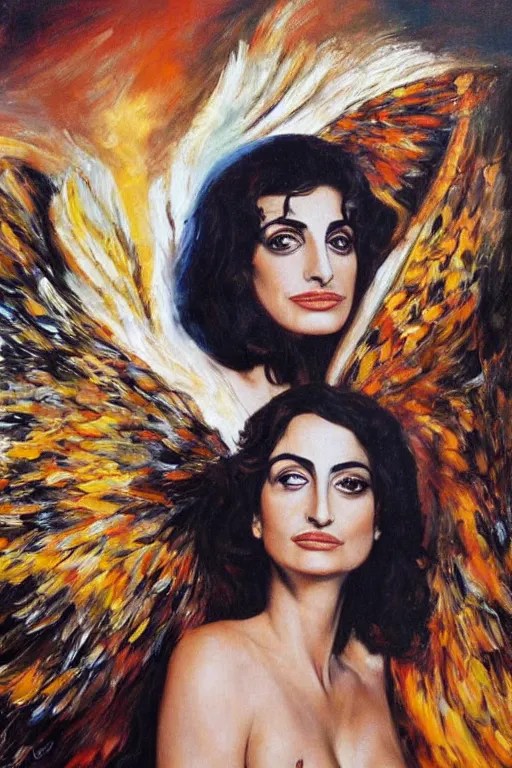 Image similar to oil painting, portrait of penelope cruz with wings, artwork by salvador dali